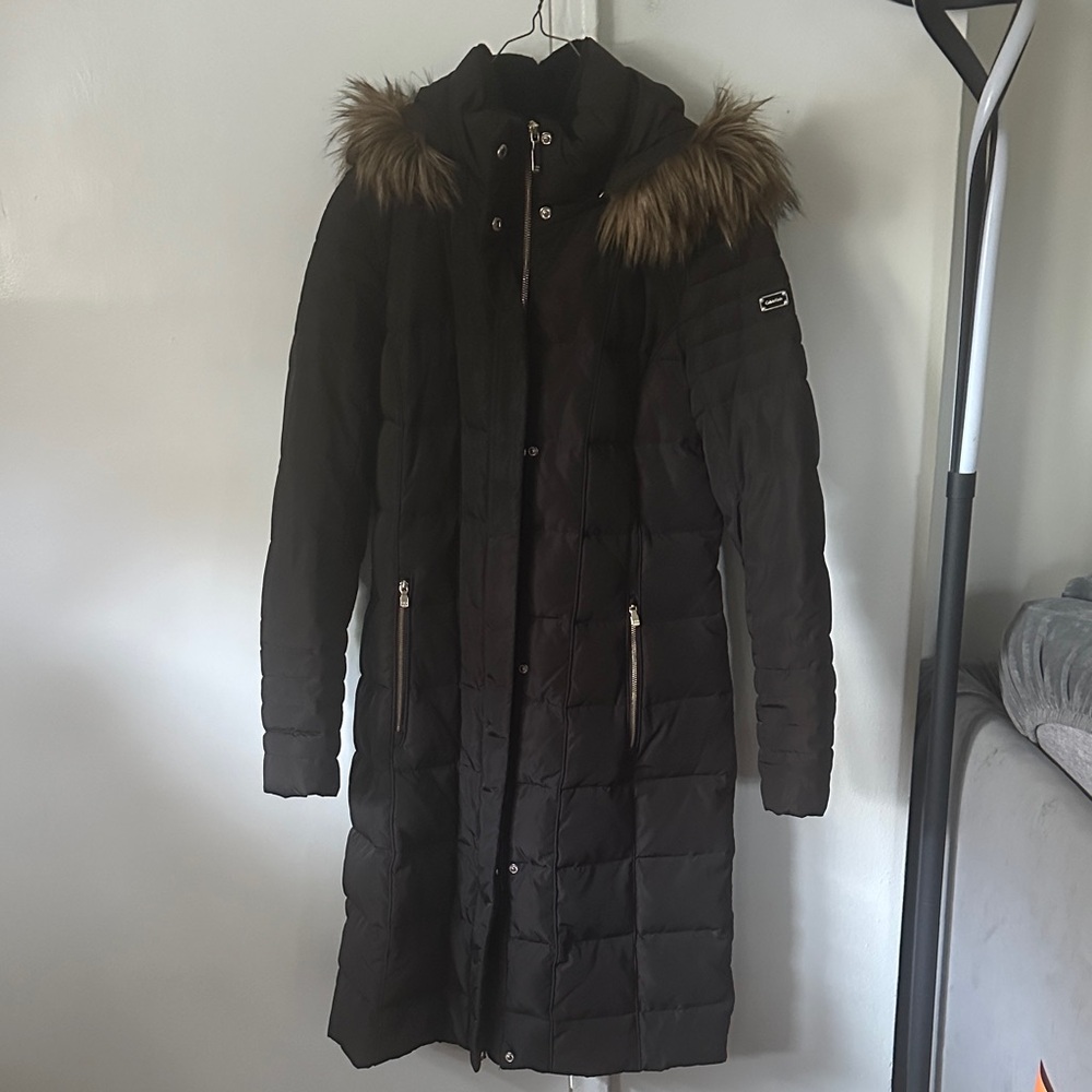 Calvin Klein Black Puffer Coat with Fur Trim